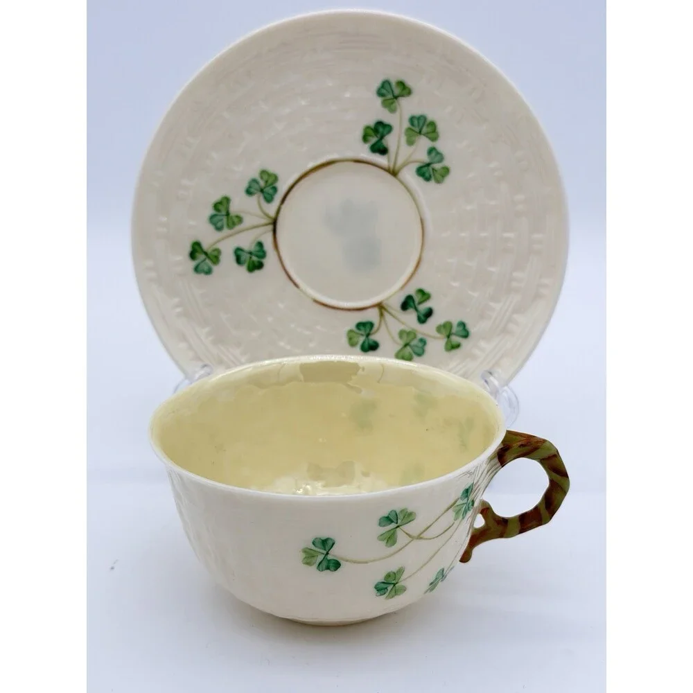 Belleek Irish Porcelain Shamrock Teacup & Saucer 5th Green Mark 1955–1965